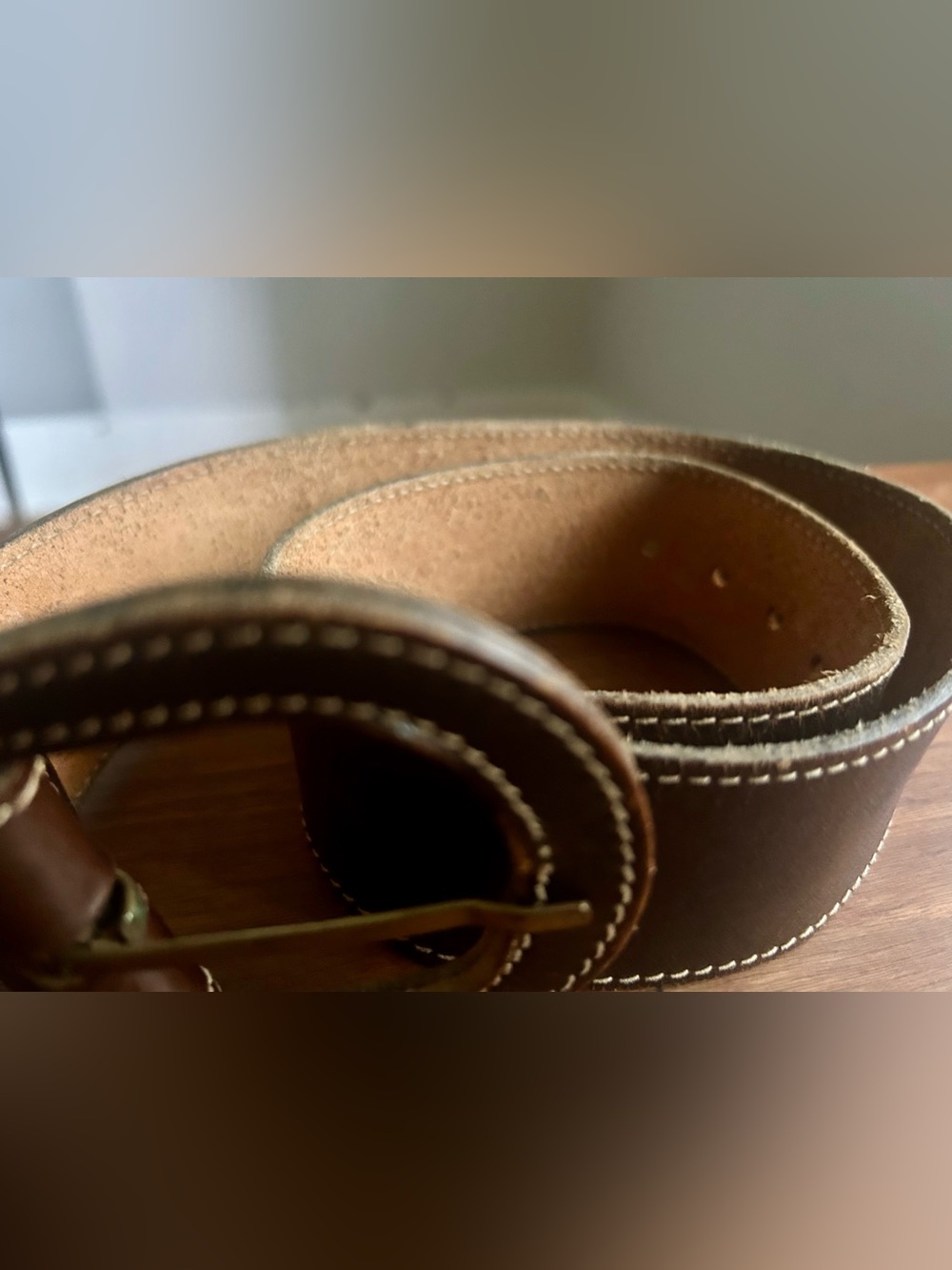 Vintage Brown Leather Belt Made in USA Wide Contrast Stitch Statement Belt - Picture 2 of 7